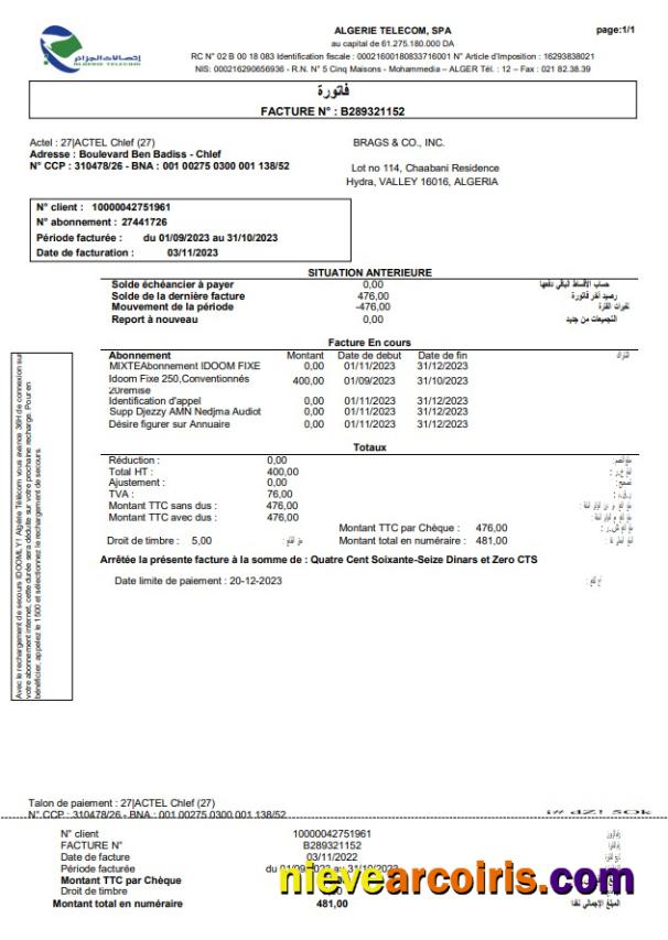 Algerie Telecom utility business bill